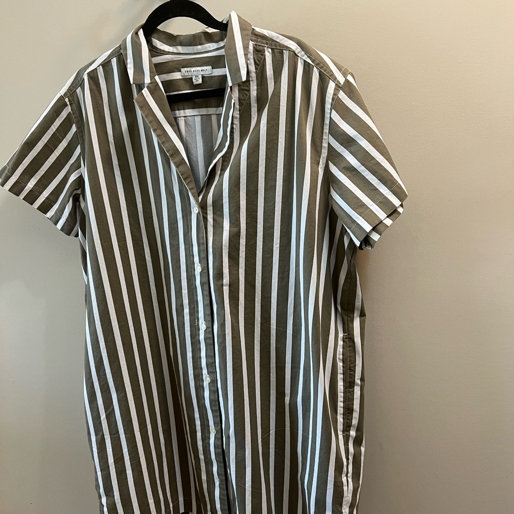 Free Assembly Olive & White  Stripe Short-Sleeve Button-Down dress Size XXL/2/XL